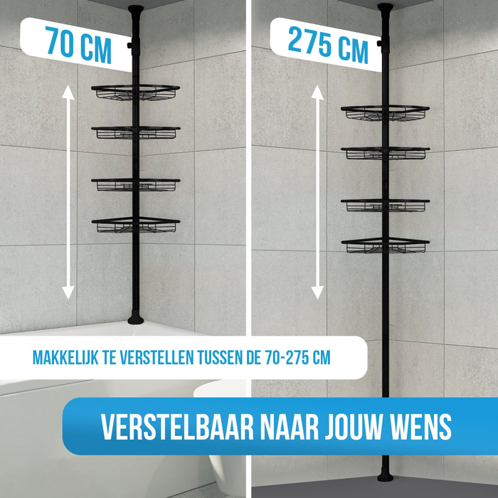 Strex Telescopisch Doucherek Zwart - Verstelbaar 70-275 cm - 4 Mandjes - Robuuste Kwaliteit - Bevestigen zonder Boren of Schroeven - Telescopisch Douche Rek Hoek