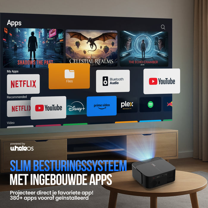 Strex Beamer - Smart 1080P Full HD Projector - 4K Ondersteuning - WiFi & Bluetooth - Ingebouwde Speakers - Draagbare Mini Beamer Thuisbioscoop - WhaleOS - Inclusief Opbergtas & Projectiescherm