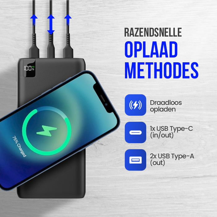 Strex Powerbank met Draadloze Qi Snellader - 27.000 mAh - 22.5W Snellader - Draadloos Opladen - USB-A/USB-C - LED Indicatie - Universele Powerbank geschikt voor o.a. iOS/Android