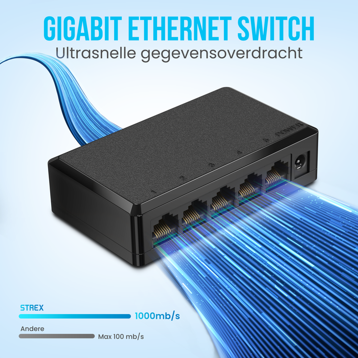 Strex Netwerk Switch - 1000Mbps - Unmanaged - Internet Switch - 5 Poorten