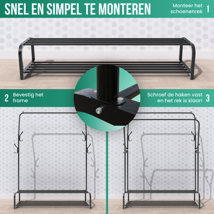 Avalo Industrieel Kledingrek Dubbele Stang - Metaal - 110x33x150 CM - Zwart - Opbergruimte Voor Schoenen - Garderoberek Met Haken