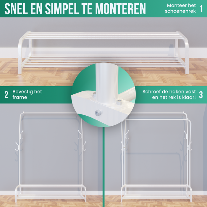 Avalo Industrieel Kledingrek Dubbele Stang - Metaal - 110x33x150 CM - Wit - Opbergruimte Voor Schoenen - Garderoberek Met Haken