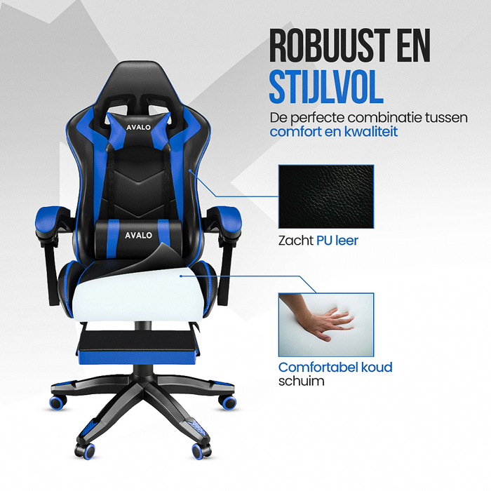 Avalo Gaming Stoel - Gamestoel - Ergonomische Bureaustoel Verstelbaar - Game Stoel - Gaming Chair - Zwart/Blauw