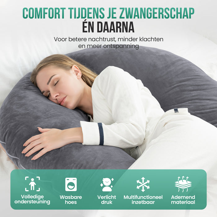 Avalo Zwangerschapskussen XXL 280 cm - U-Vorm Zijslaapkussen - Ergonomisch Body Pillow - Voedingskussen & Lichaamskussen voor Zwangere Vrouwen - Donkergrijs