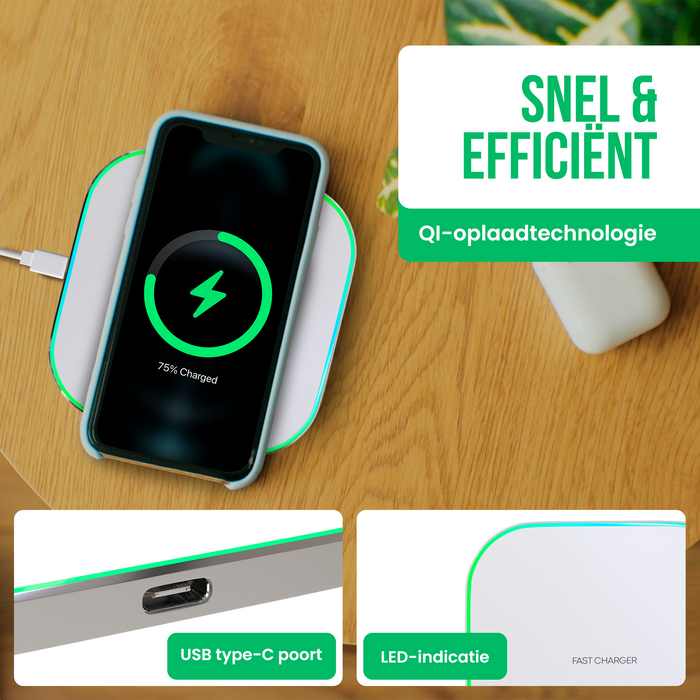 Strex Draadloze Oplader 15W - Inclusief Kabel - QI Snellader - Wireless Charger - Fast Charger - LED Indicatie - Wit