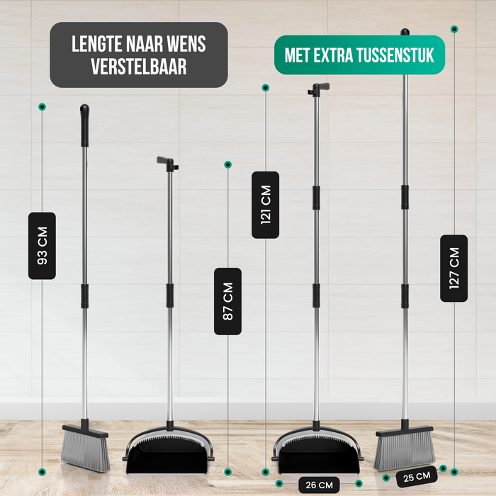 Avalo Stoffer en Blik met Lange Steel - Verstelbaar 87-127cm - Ingebouwde Schoonmaaktanden - Zwart