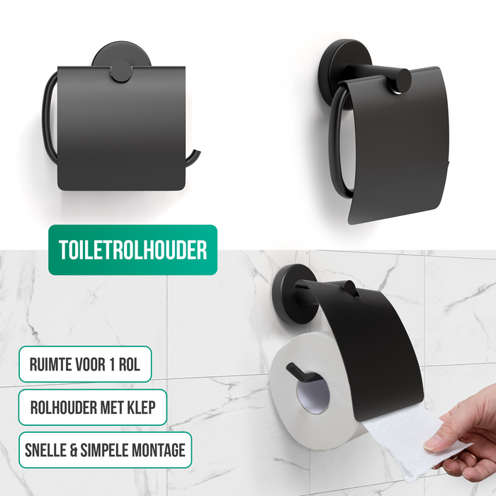 Avalo Toiletaccessoireset Zwart 4-delig - Luxe Toilet Set - Toiletborstel met Houder / Toiletrolhouder / Reserverolhouder / Handdoekhaak - Incl. Bevestigingsmateriaal