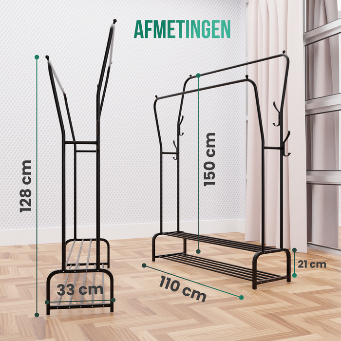 Avalo Industrieel Kledingrek Dubbele Stang - Metaal - 110x33x150 CM - Zwart - Opbergruimte Voor Schoenen - Garderoberek Met Haken