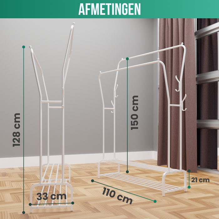 Avalo Industrieel Kledingrek Dubbele Stang - Metaal - 110x33x150 CM - Wit - Opbergruimte Voor Schoenen - Garderoberek Met Haken