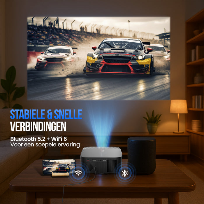 Strex Beamer - Smart 1080P Full HD Projector - 4K Ondersteuning - WiFi & Bluetooth - Ingebouwde Speakers - Draagbare Mini Beamer Thuisbioscoop - WhaleOS - Inclusief Opbergtas