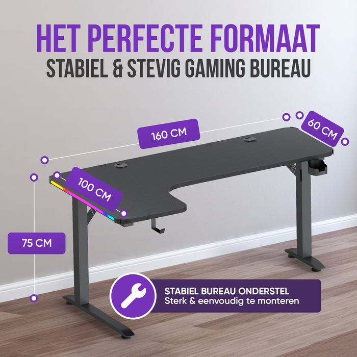 Avalo Gaming Bureau - 160x100x75 CM - L Vormig Hoekbureau - Game Desk Met LED Verlichting - Tafel - Zwart