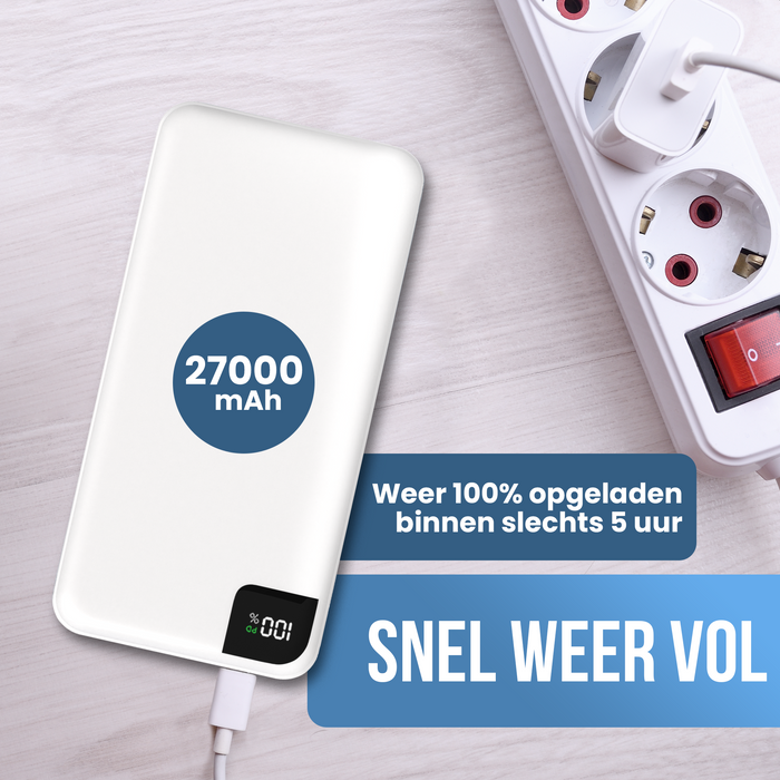 Strex Powerbank Wit - 27.000 mAh - 22.5W Snellader - USB-A/USB-C - LED Indicatie - Universele Powerbank geschikt voor o.a. iOS/Android