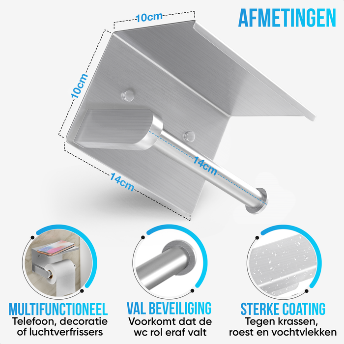 Avalo WC Rolhouder met Plankje - Zilver - Zelfklevend / Boren / Zonder Boren - Toiletrolhouder - WC Papier Houder