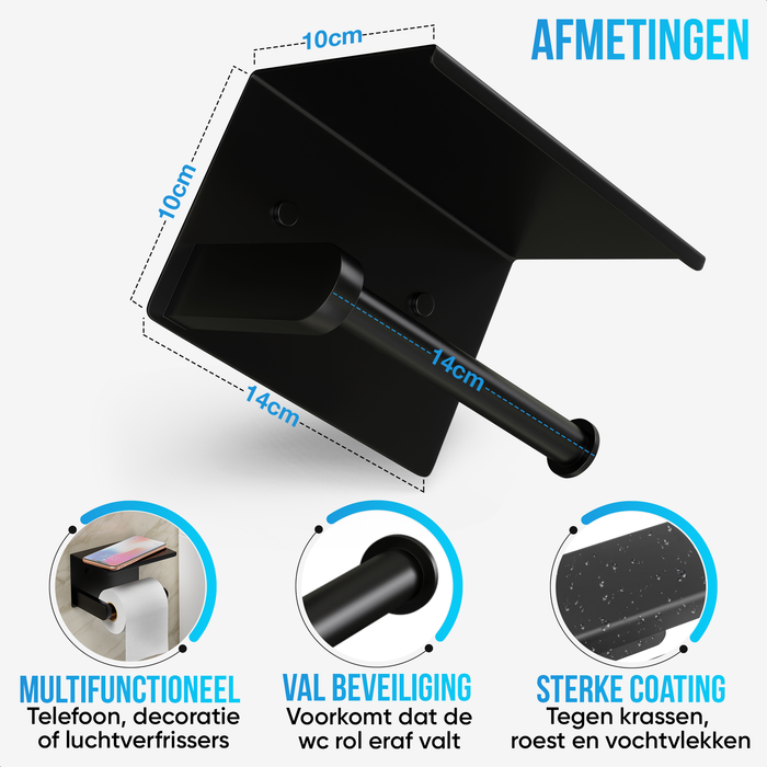 Strex WC Rolhouder met Plankje - Zwart - Zelfklevend / Boren / Zonder Boren - Toiletrolhouder - WC Papier Houder