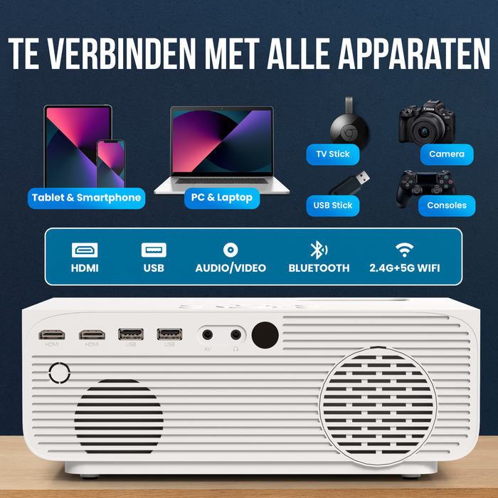 Strex Beamer - 1080P Full HD - 15000 Lumen - Draadloos Streamen - Inclusief Tas/Projectiescherm - WiFi - Bluetooth - Mini Beamer - Projector