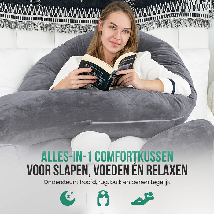 Avalo Zwangerschapskussen XXL 280 cm - U-Vorm Zijslaapkussen - Ergonomisch Body Pillow - Voedingskussen & Lichaamskussen voor Zwangere Vrouwen - Donkergrijs