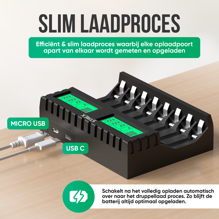 Strex Batterij Oplader - 8x AA/AAA Batterijen - USB Oplaadbaar - LCD Display - Universele Batterijlader Voor Oplaadbare Batterijen
