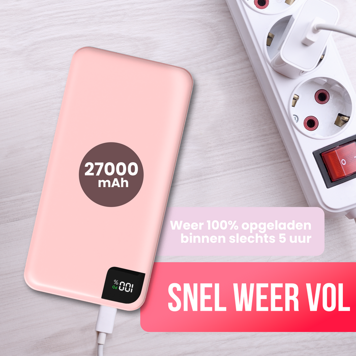 Strex Powerbank Roze - 27.000 mAh - 22.5W Snellader - USB-A/USB-C - LED Indicatie - Universele Powerbank geschikt voor o.a. iOS/Android