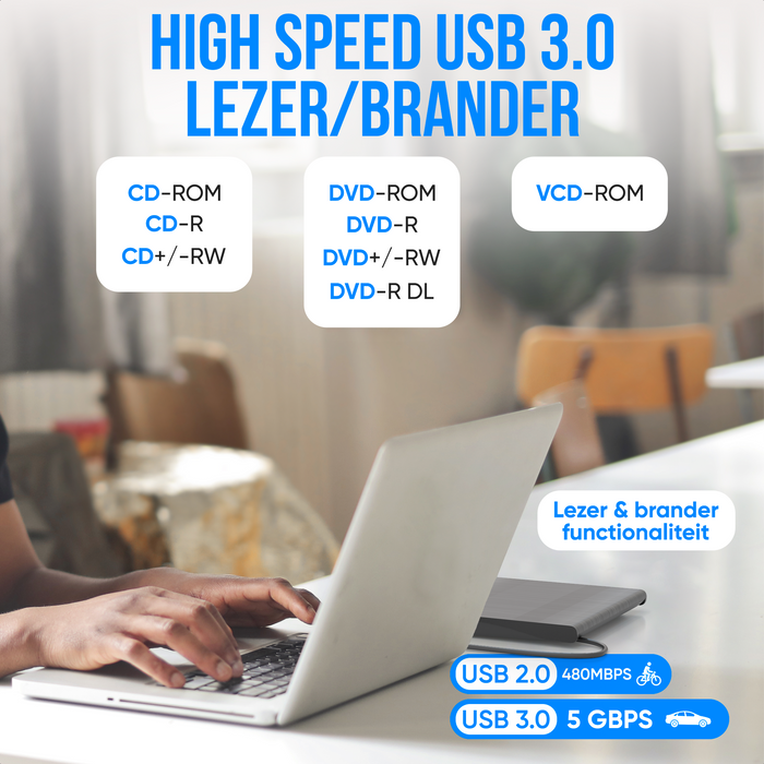 Strex Externe DVD Speler En Brander - Met Hoes - CD/DVD - Plug & Play - USB 3.0 DVD Speler - Geschikt voor Windows, Mac en Linux - Optical Drive