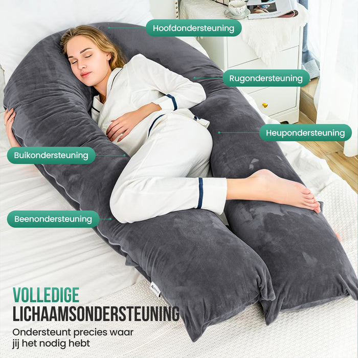 Avalo Zwangerschapskussen XXL 280 cm - U-Vorm Zijslaapkussen - Ergonomisch Body Pillow - Voedingskussen & Lichaamskussen voor Zwangere Vrouwen - Donkergrijs