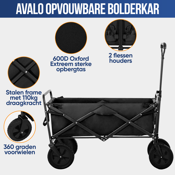 Avalo Bolderkar XL - Opvouwbaar - Tot 110KG - 91x51x59 CM - 120L - 360º Wielen - Zwart