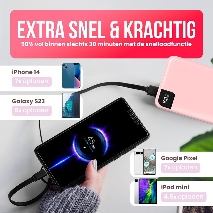 Strex Powerbank Roze - 27.000 mAh - 22.5W Snellader - USB-A/USB-C - LED Indicatie - Universele Powerbank geschikt voor o.a. iOS/Android