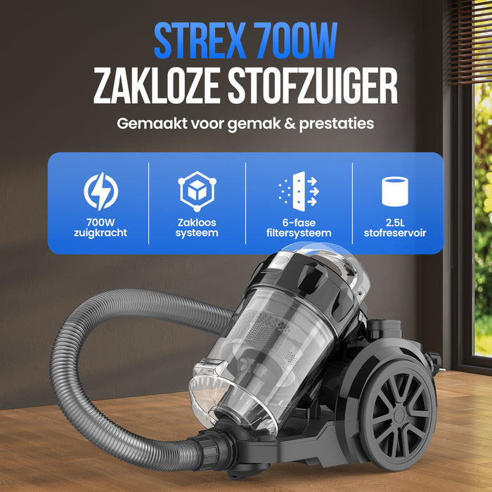 Strex Stofzuiger Zonder Zak - 700W Krachtige Zakloze Stofzuiger - HEPA Filter - 2.5L Stofreservoir - Extra Lang Snoer - Inclusief 4 Opzetstukken