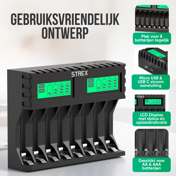 Strex Batterij Oplader - 8x AA/AAA Batterijen - USB Oplaadbaar - LCD Display - Universele Batterijlader Voor Oplaadbare Batterijen