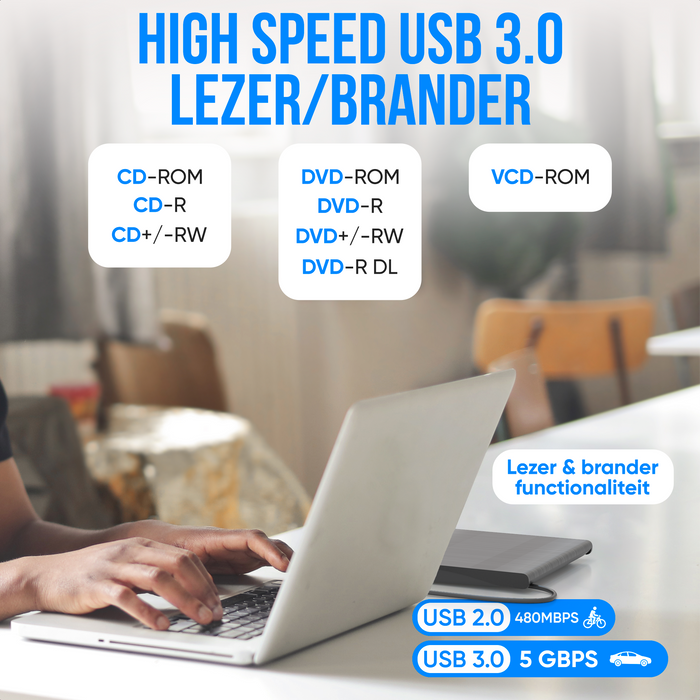 Strex Externe DVD Speler en Brander - CD/DVD - Plug & Play - USB 3.0 DVD Speler - Geschikt voor Windows, Mac en Linux - Optical Drive