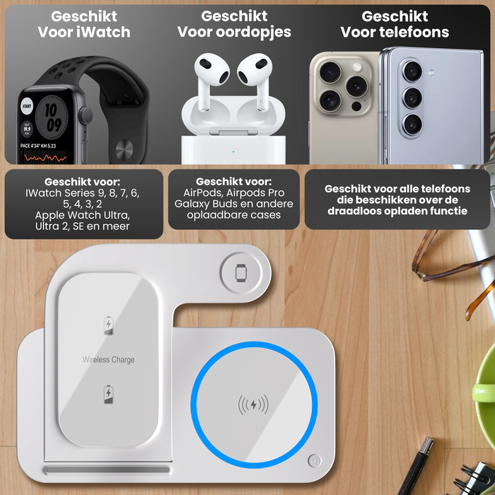 Strex 3-in-1 Draadloze Oplader - Oplaadstation - 15W Snellader - Opvouwbaar - Geschikt voor iOS & Android, Apple Watch, AirPods en Draadloze oortjes - Wit