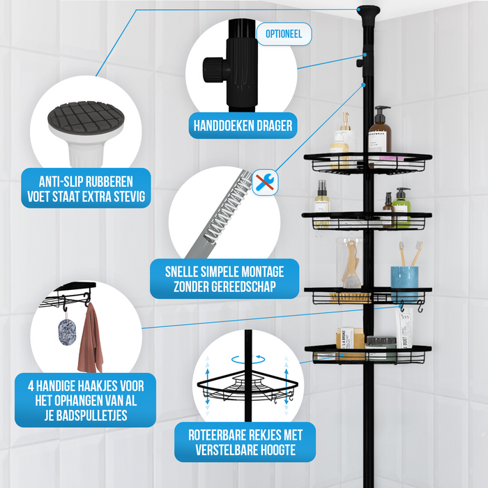 Strex Telescopisch Doucherek Zwart - Verstelbaar 70-275 cm - 4 Mandjes - Robuuste Kwaliteit - Bevestigen zonder Boren of Schroeven - Telescopisch Douche Rek Hoek