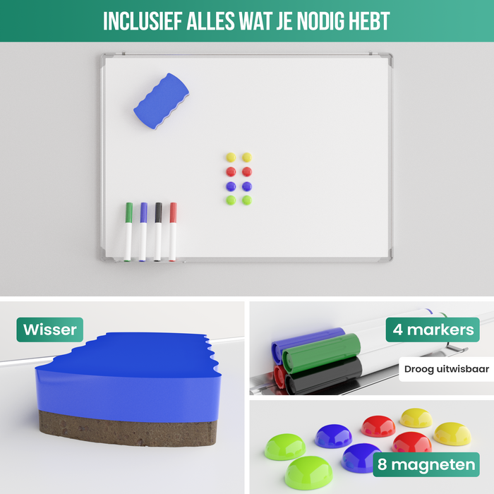 Avalo Whiteboard 60x90 cm - 14 in 1 set - Whiteboard Magnetisch inclusief Markers, Magneten & Wisser