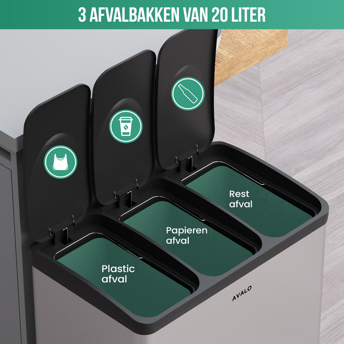 Avalo Prullenbak Afvalscheiding 60 Liter - RVS Zilver - 3 Vakken - Milieubewust, Hygienisch & Vingerafdrukvrij - Pedaalemmer / Vuilnisbak