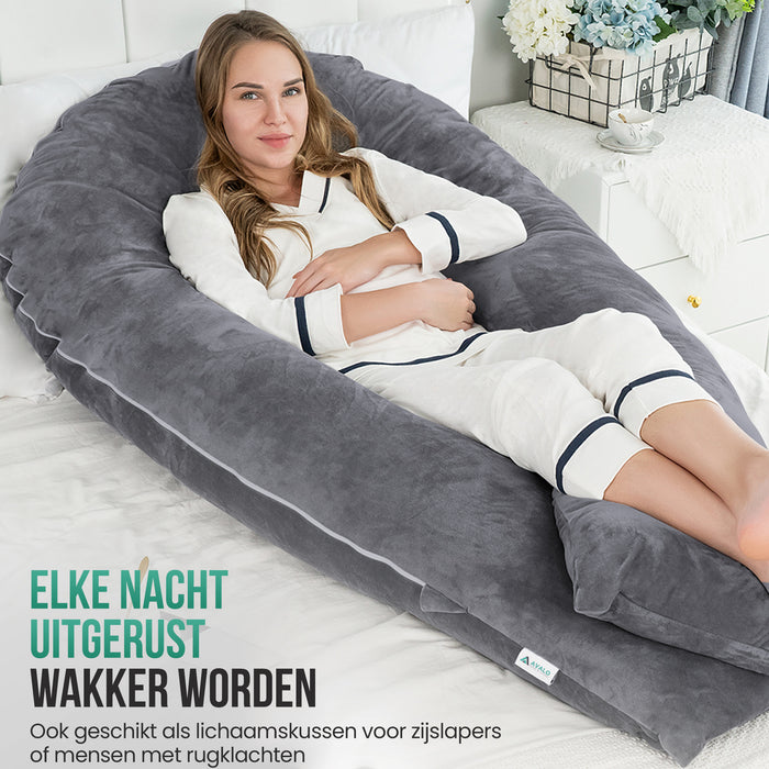 Avalo Zwangerschapskussen XXL 280 cm - U-Vorm Zijslaapkussen - Ergonomisch Body Pillow - Voedingskussen & Lichaamskussen voor Zwangere Vrouwen - Donkergrijs