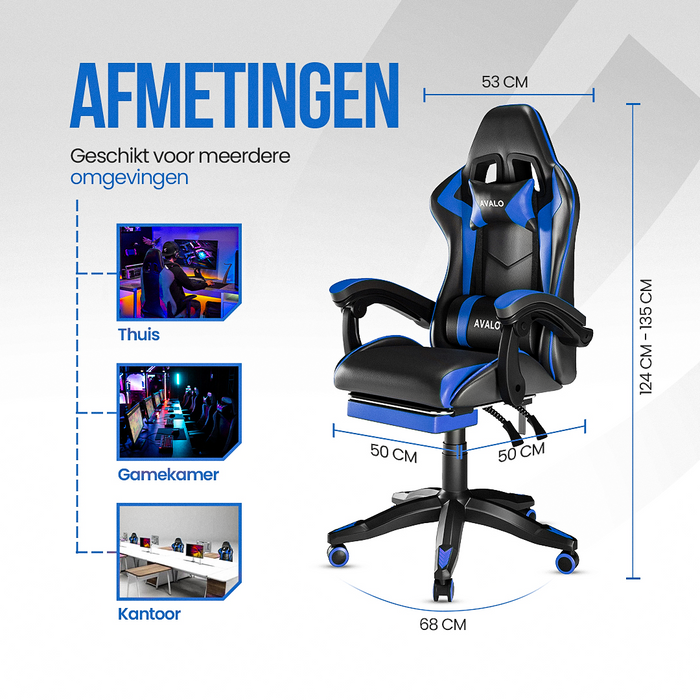 Avalo Gaming Stoel - Gamestoel - Ergonomische Bureaustoel Verstelbaar - Game Stoel - Gaming Chair - Zwart/Blauw