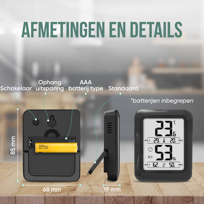 Strex Digitale Thermo Hygrometer Zwart - Digitale Thermo Meter Binnen - Hygro Meter Binnen - Weerstation Met Luchtvochtigheidsmeter - Inclusief Batterij