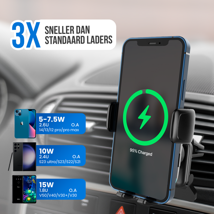 Strex Telefoonhouder Auto met Qi Draadloze Oplader 15W (Fast Charge) - Raam / Ventilatierooster / Dashboard - Automatisch Open & Dicht