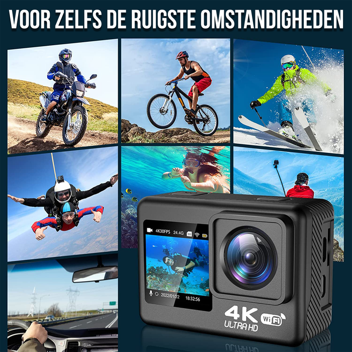Strex Action Camera 4K 24MP - 60FPS / 30M Waterdicht / WiFi - Inclusief 20 accessoires - Actiecamera - Onderwatercamera