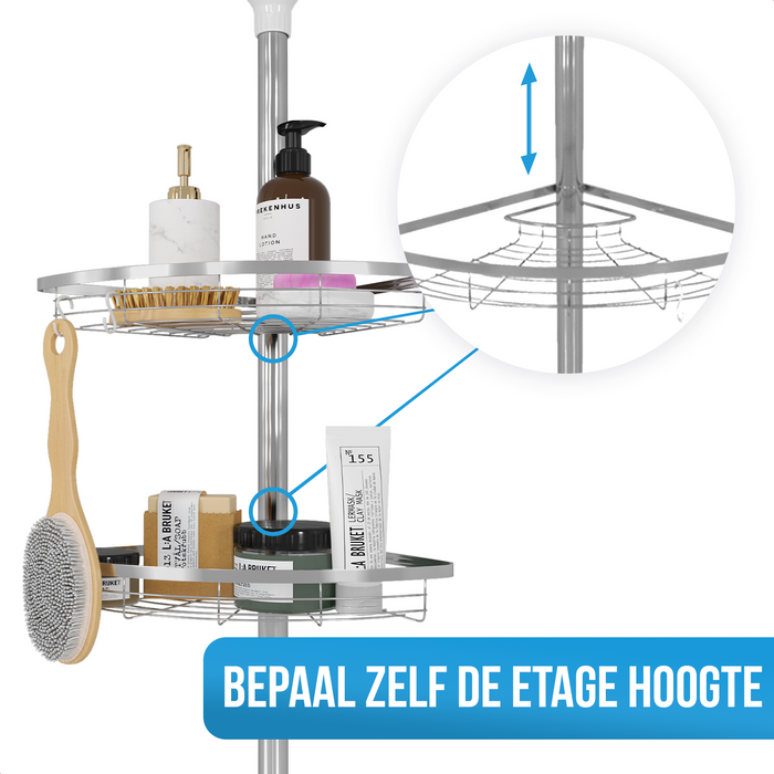 Strex Telescopisch Doucherek RVS - Verstelbaar 70-275 cm - 4 Mandjes - Robuuste Kwaliteit - Bevestigen zonder Boren of Schroeven - Telescopisch Douche Rek Hoek