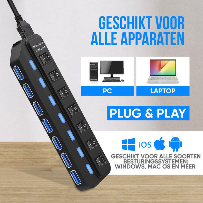 Strex USB 3.0 Hub - USB Splitter - 7 Poorten - 5Gbps - LED Indicatie - Aan/Uit Switch - 100CM Kabel