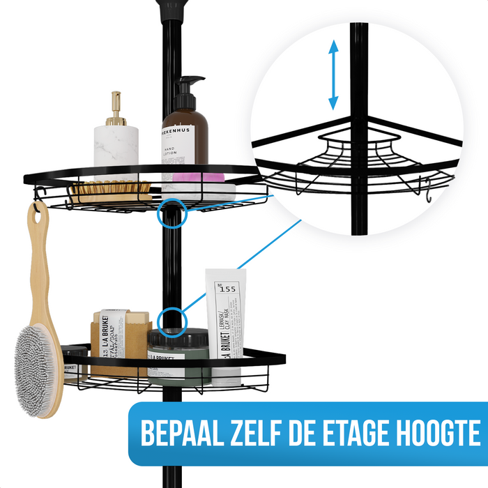 Strex Telescopisch Doucherek Zwart - Verstelbaar 70-275 cm - 4 Mandjes - Robuuste Kwaliteit - Bevestigen zonder Boren of Schroeven - Telescopisch Douche Rek Hoek