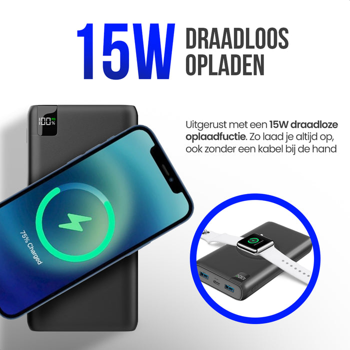 Strex Powerbank met Draadloze Qi Snellader - 27.000 mAh - 22.5W Snellader - Draadloos Opladen - USB-A/USB-C - LED Indicatie - Universele Powerbank geschikt voor o.a. iOS/Android