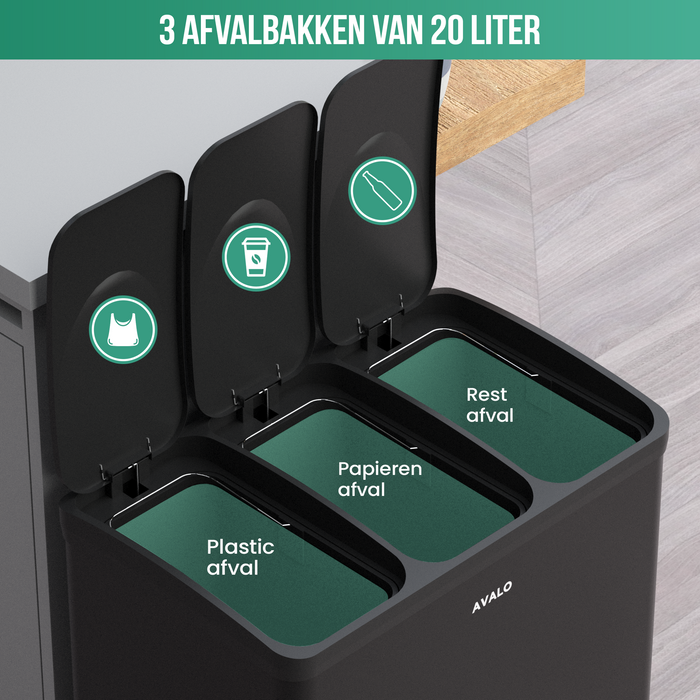 Avalo Prullenbak Afvalscheiding 60 Liter - RVS Zwart - 3 Vakken - Milieubewust, Hygienisch & Vingerafdrukvrij - Pedaalemmer / Vuilnisbak