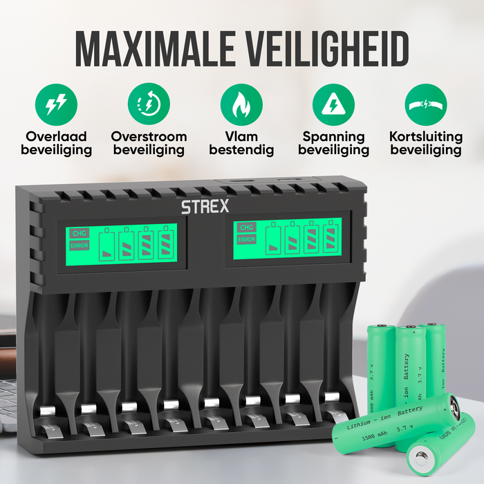 Strex Batterij Oplader - 8x AA/AAA Batterijen - USB Oplaadbaar - LCD Display - Universele Batterijlader Voor Oplaadbare Batterijen