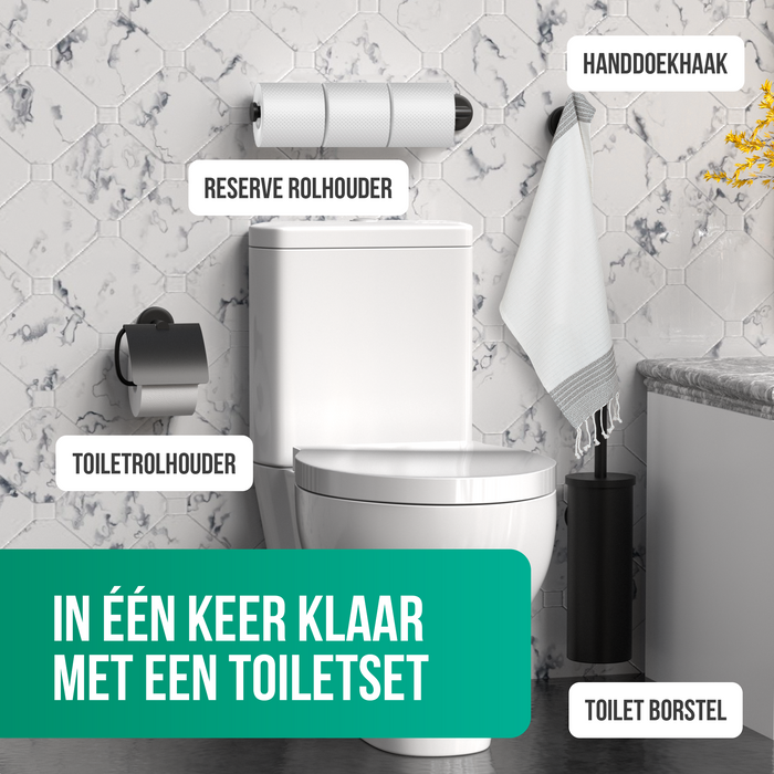 Avalo Toiletaccessoireset Zwart 4-delig - Luxe Toilet Set - Toiletborstel met Houder / Toiletrolhouder / Reserverolhouder / Handdoekhaak - Incl. Bevestigingsmateriaal