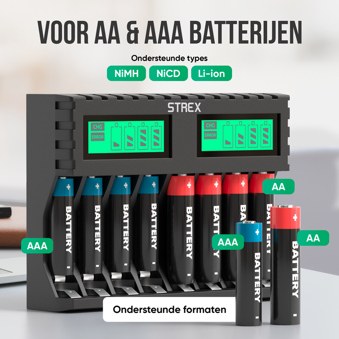 Strex Batterij Oplader - 8x AA/AAA Batterijen - USB Oplaadbaar - LCD Display - Universele Batterijlader Voor Oplaadbare Batterijen