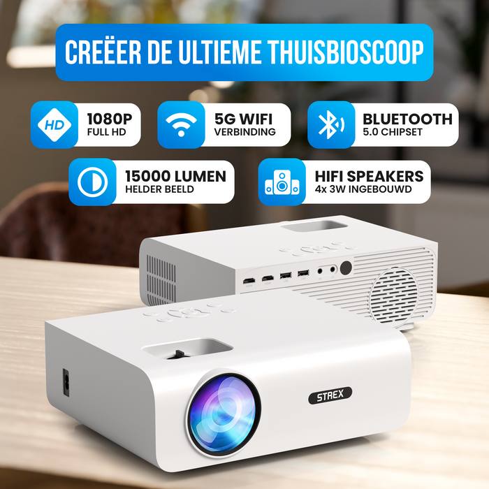 Strex Beamer - 1080P Full HD - 15000 Lumen - Draadloos Streamen - WiFi - Bluetooth - Mini Beamer - Projector