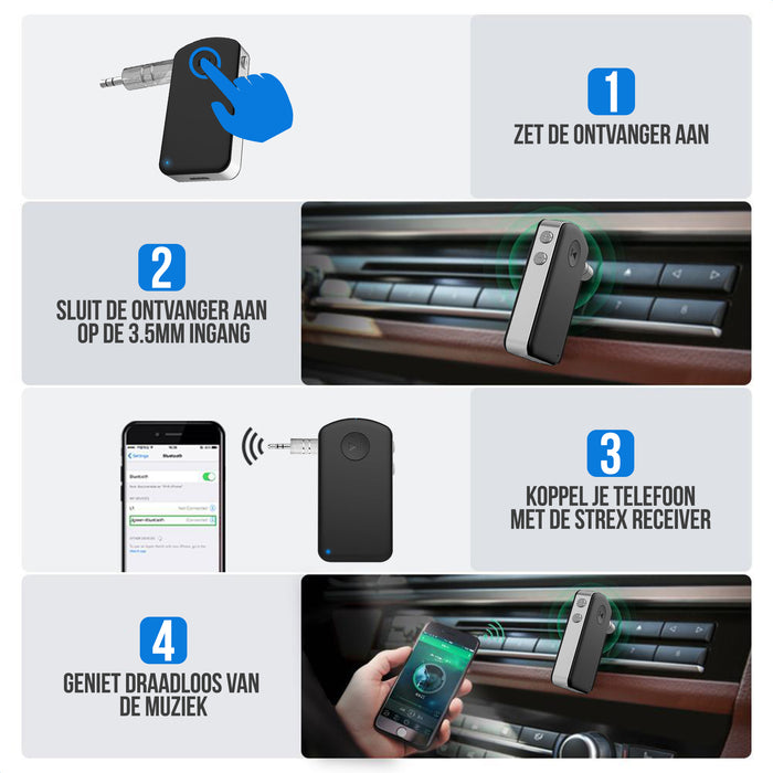 Strex Bluetooth Receiver - BT 5.0 - 3.5MM AUX - Bluetooth Ontvanger - Handsfree Bellen - Bluetooth Audio Receiver - Bluetooth Auto via AUX