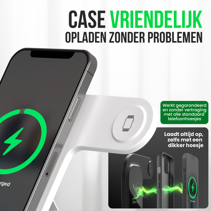 Strex 3-in-1 Draadloze Oplader - Oplaadstation - 15W Snellader - Opvouwbaar - Geschikt voor iOS & Android, Apple Watch, AirPods en Draadloze oortjes - Wit