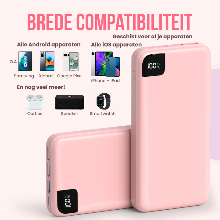 Strex Powerbank Roze - 27.000 mAh - 22.5W Snellader - USB-A/USB-C - LED Indicatie - Universele Powerbank geschikt voor o.a. iOS/Android